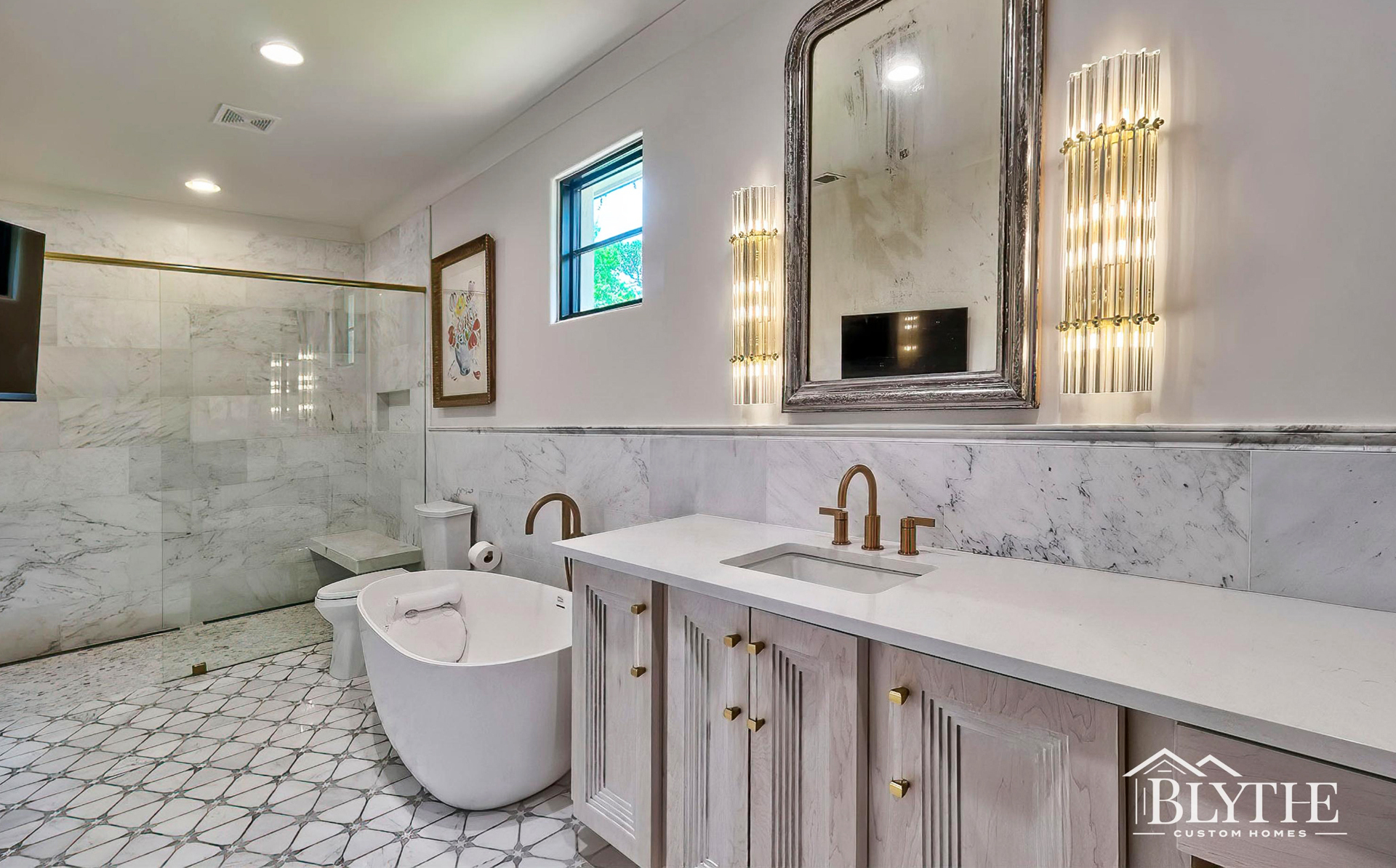 Blythe Custom Homes' Luxurious Bathroom with Oversized Marble Tile Shower & Tub