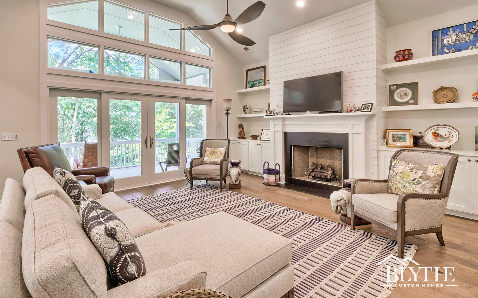 Blythe Custom Homes' Great Room with Fireplace, Shiplap & Built-ins