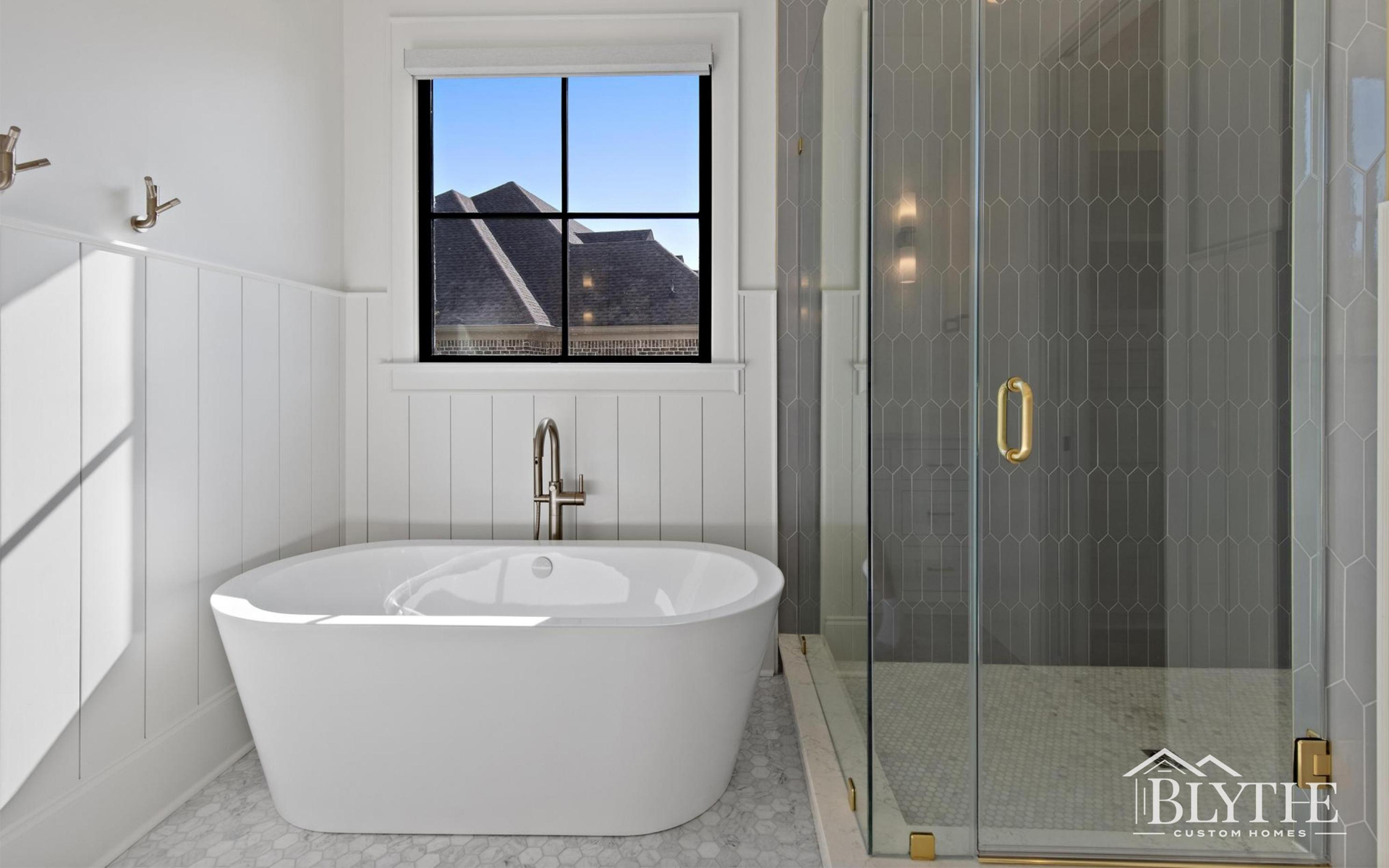Blythe Custom Homes' Picket Tile Shower & Soaking Tub